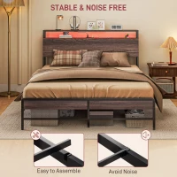 HOMCOM Queen Size Bed Frame with LED Lights and Charging Station, Queen Bed Frame with Storage Headboard, Noise-Free, Walnut(m-7)
