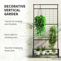 Outsunny Metal Tall Plant Stand with Trellis and Hanging Bar, Plant Holder for Indoor Outdoor Use, 35" x 12.8" x 74", Black(m-4)