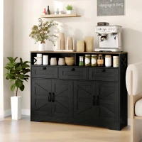 HOMCOM Sideboard, Buffet Cabinet with 4 Barn Doors and 3 Drawers, Coffee Bar Cabinet with Adjustable Shelves, Black(m-1)