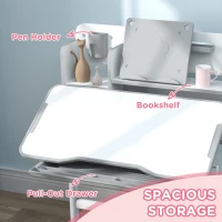 Qaba Height Adjustable Kids Desk and Chair Set for Writing Drawing w/ Tilt Desktop, Storage Drawer and Reading Rack, Gray(m-6)