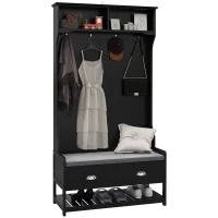 HOMCOM Coat Rack Shoe Bench, Hall Tree with Bench and Shoe Storage, Entryway Bench with 4 Hooks, 2 Drawers, 2 Shelves, Black(m-11)