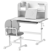 Qaba Height Adjustable Kids Desk and Chair Set for Writing Drawing w/ Tilt Desktop, Storage Drawer and Reading Rack, Gray