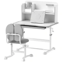 Qaba Height Adjustable Kids Desk and Chair Set for Writing Drawing w/ Tilt Desktop, Storage Drawer and Reading Rack, Gray(m-1)