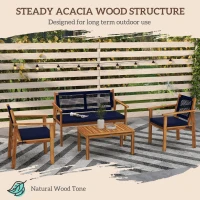 Outsunny 4 Piece Patio Sofa Set, Acacia Wood Outdoor Furniture with Cushions, Slatted Wood Top Coffee Table, Blue(m-4)