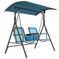 Outsunny 2 Person Porch Swing with Canopy, Storage Table, Cup Holder, Blue(m-11)