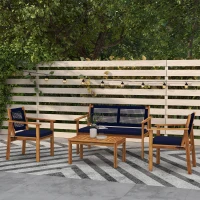 Outsunny 4 Piece Patio Sofa Set, Acacia Wood Outdoor Furniture with Cushions, Slatted Wood Top Coffee Table, Blue(m-2)