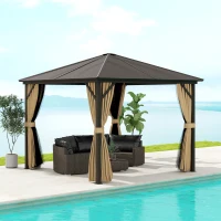 Outsunny 10' x 10' Hardtop Gazebo Outdoor Aluminum Gazebo Canopy with Mosquito Netting, Curtains, Hanging Hook, Brown(m-1)