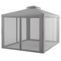 Outsunny 12' x 10' Patio Gazebo Outdoor Pavilion 2 Tire Roof Canopy Shelter Garden, Steel Frame w/ Mosquito Netting, Light Grey(m-2)