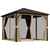 Outsunny 10' x 10' Hardtop Gazebo Outdoor Aluminum Gazebo Canopy with Mosquito Netting, Curtains, Hanging Hook, Brown(m-11)