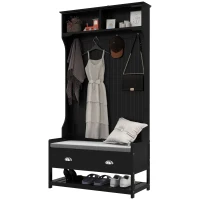 HOMCOM Coat Rack Shoe Bench, Hall Tree with Bench and Shoe Storage, Entryway Bench with 4 Hooks, 2 Drawers, 2 Shelves, Black(m-2)