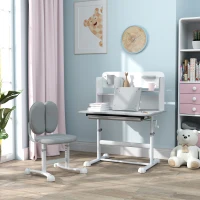 Qaba Height Adjustable Kids Desk and Chair Set for Writing Drawing w/ Tilt Desktop, Storage Drawer and Reading Rack, Gray(m-10)