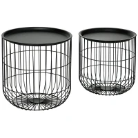 HOMCOM Coffee Table Set, Nest of Coffee Tables with Steel Wired Basket Body and Removable Top for Living Room, Black(m-1)