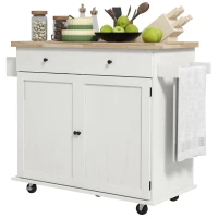 HOMCOM Farmhouse Rolling Island with Wheels for Kitchen, Wood Breakfast Bar Kitchen Island on Rollers, Drawer and Doors, White(m-1)