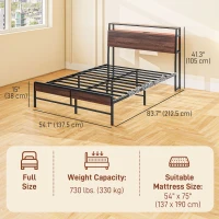 HOMCOM Full Size Bed Frame with LED Lights and Charging Station, Full Bed Frame with Storage Headboard, Noise-Free, Walnut(m-3)