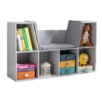HOMCOM 6-Cubby Kids Bookcase with Reading Nook and Cushion, Multi-Purpose Storage Organizer for Bedroom, Living Room, Gray(m-1)