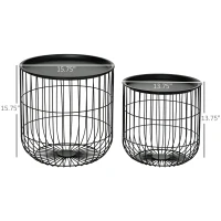 HOMCOM Coffee Table Set, Nest of Coffee Tables with Steel Wired Basket Body and Removable Top for Living Room, Black(m-3)