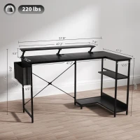HOMCOM 58" Reversible L Shaped Computer Desk, Corner Desk with Monitor Stand, Power Outlets and LED Lights, Black(m-3)