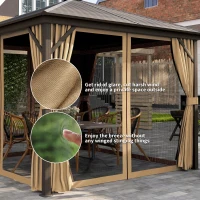 Outsunny 10' x 10' Hardtop Gazebo Outdoor Aluminum Gazebo Canopy with Mosquito Netting, Curtains, Hanging Hook, Brown(m-5)