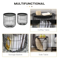 HOMCOM Coffee Table Set, Nest of Coffee Tables with Steel Wired Basket Body and Removable Top for Living Room, Black(m-6)