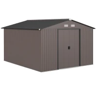 Outsunny 11' x 9' Metal Storage Shed Garden Tool House with Double Sliding Doors, 4 Air Vents for Backyard, Patio, Brown(m-11)