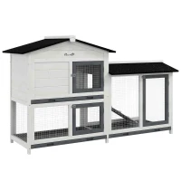PawHut 62" Rabbit Hutch, Wooden Bunny Hutch, Guinea Pig Cage, Small Animal Enclosure with Run Area, Removable Tray, Asphalt Roof, Lockable Doors and Ramp, for Rabbits, Chickens, Ducks, White(m-1)