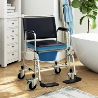 HOMCOM Rolling Shower Chair, Bedside Commode Wheelchair with Padded Seat, Backrest, for Seniors, Disabled, 300 lbs, Black(m-2)