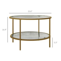 HOMCOM Side Table with Storage, 26" Round End Table, 2-Tier Tempered Glass Coffee Table with Steel Frame for Living Room, Gold(m-3)