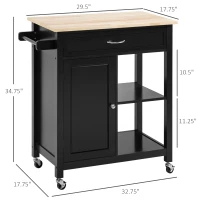 HOMCOM Kitchen Island Cart, Rolling Kitchen Island with Storage Shelf, Solid Wood Top, Drawer, for Dining Room, Black(m-3)