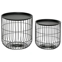 HOMCOM Coffee Table Set, Nest of Coffee Tables with Steel Wired Basket Body and Removable Top for Living Room, Black(m-11)