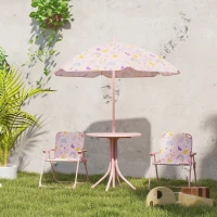 Qaba Kids Picnic Table and Chair Set, Outdoor Activity Table with Foldable Chairs, Removable Umbrella for Backyard, Pink(m-10)