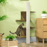 PawHut Wall-Mounted Cat Tree, 4-Layer Cat Wall Shelves Furniture with Scratching Board, Kitten Activity Center with Cushions, Natural(m-10)