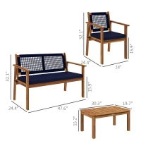 Outsunny 4 Piece Patio Sofa Set, Acacia Wood Outdoor Furniture with Cushions, Slatted Wood Top Coffee Table, Blue(m-3)