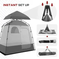 Outsunny Two Room Pop Up Shower Tent with Shower Bag, Floor and Carry Bag, Dark Gray(m-6)