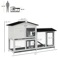 PawHut 62" Rabbit Hutch, Wooden Bunny Hutch, Guinea Pig Cage, Small Animal Enclosure with Run Area, Removable Tray, Asphalt Roof, Lockable Doors and Ramp, for Rabbits, Chickens, Ducks, White(m-3)