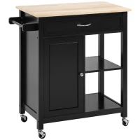 HOMCOM Kitchen Island Cart, Rolling Kitchen Island with Storage Shelf, Solid Wood Top, Drawer, for Dining Room, Black(m-1)