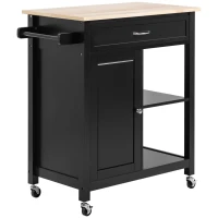 HOMCOM Kitchen Island Cart, Rolling Kitchen Island with Storage Shelf, Solid Wood Top, Drawer, for Dining Room, Black(m-11)