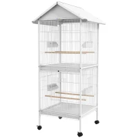PawHut Wrought Metal Bird Cage Feeder with Rolling Stand Perches Food Containers Doors Wheels 67" H, White(m-11)