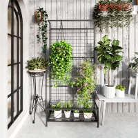 Outsunny Metal Tall Plant Stand with Trellis and Hanging Bar, Plant Holder for Indoor Outdoor Use, 35" x 12.8" x 74", Black(m-6)