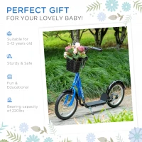 Aosom Youth Scooter, Kick Scooter with Adjustable Handlebars, Double Brakes, 16" Inflatable Rubber Tires, Basket, Cupholder, Blue(m-5)