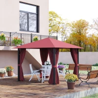 Outsunny 10' x 10' Patio Gazebo Aluminum Frame Outdoor Canopy Shelter with Sidewalls, Vented Roof for Garden, Lawn, Backyard, and Deck, Wine Red(m-2)