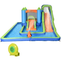 Outsunny Kids Inflatable Water Slide 5-in-1 Bounce House Water Park Jumping Castle with Water Pool, Slide, Climbing Walls, & Water Cannons, 450W Air Blower(m-11)