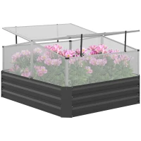 Outsunny Galvanized Raised Garden Bed with Greenhouse, Flowers, Vegetables for Patio, 49.6" x 42.1" x 26.6", Dark Gray(m-11)