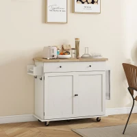 HOMCOM Farmhouse Rolling Island with Wheels for Kitchen, Wood Breakfast Bar Kitchen Island on Rollers, Drawer and Doors, White(m-10)