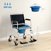 HOMCOM Rolling Shower Chair, Bedside Commode Wheelchair with Padded Seat, Backrest, for Seniors, Disabled, 300 lbs, Black(m-3)