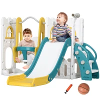 Qaba 6 in 1 Toddler Slide and Swing Set Indoor for Age 1-3 Years w/ Basketball Hoop, Climber, Storage Telescope, Yellow(m-11)
