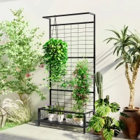 Outsunny Metal Tall Plant Stand with Trellis and Hanging Bar, Plant Holder for Indoor Outdoor Use, 35" x 12.8" x 74", Black(m-2)