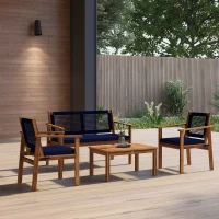 Outsunny 4 Piece Patio Sofa Set, Acacia Wood Outdoor Furniture with Cushions, Slatted Wood Top Coffee Table, Blue(m-10)
