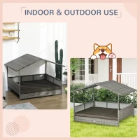 PawHut Outdoor Dog Bed with Canopy, Rattan Dog Bed with Soft Cushion Removable Cover for Medium and Large Dogs, Charcoal Gray(m-4)
