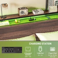 HOMCOM Full Size Bed Frame with LED Lights and Charging Station, Full Bed Frame with Storage Headboard, Noise-Free, Walnut(m-5)