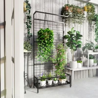 Outsunny Metal Tall Plant Stand with Trellis and Hanging Bar, Plant Holder for Indoor Outdoor Use, 35" x 12.8" x 74", Black(m-10)